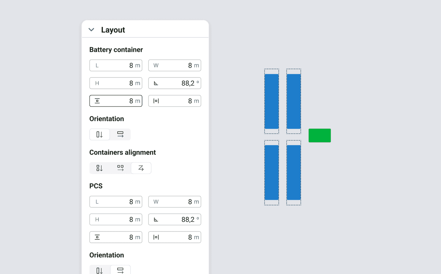 RatedPower layout editor with battery container controls and a two-by-two block diagram.