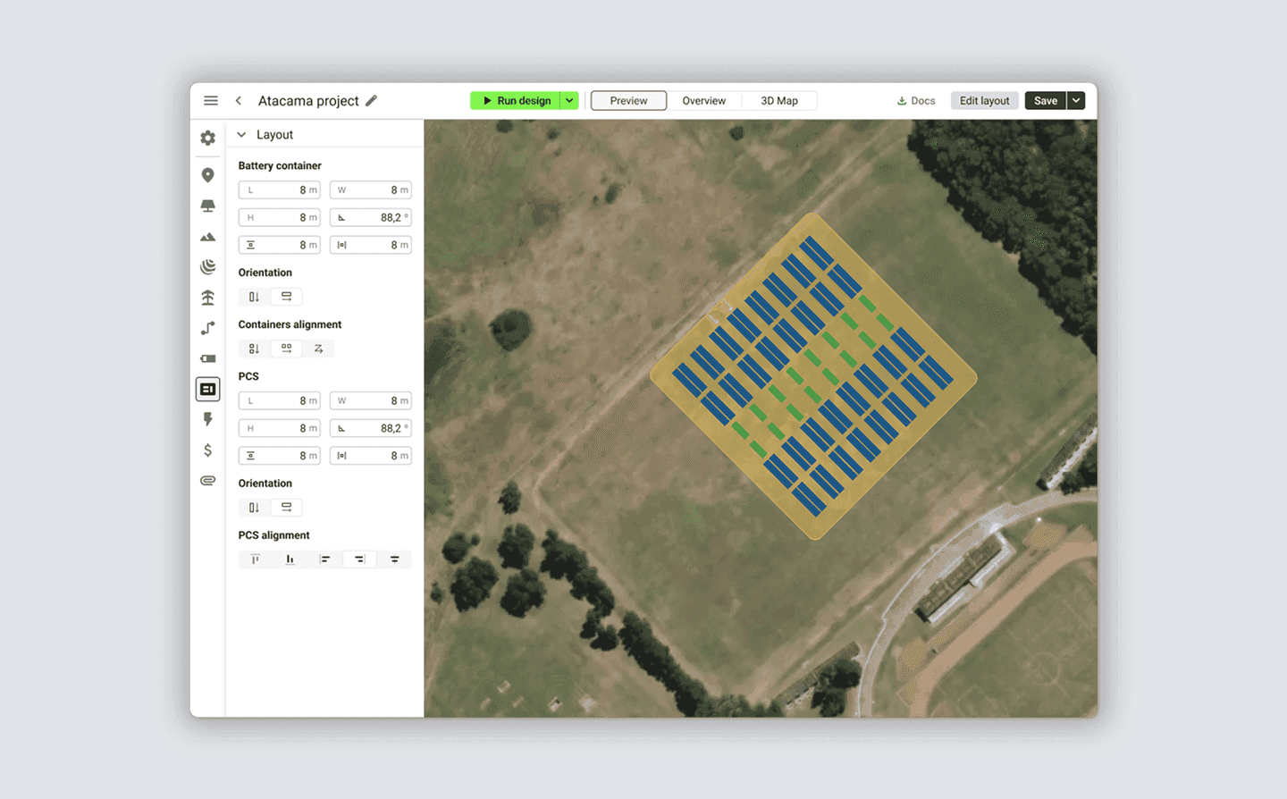 RatedPower desktop editor showing a solar field layout over a satellite map.