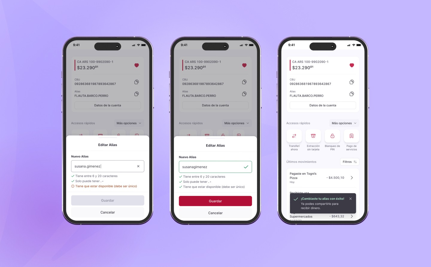 Three mobile screens showing the alias edit flow from input to success.