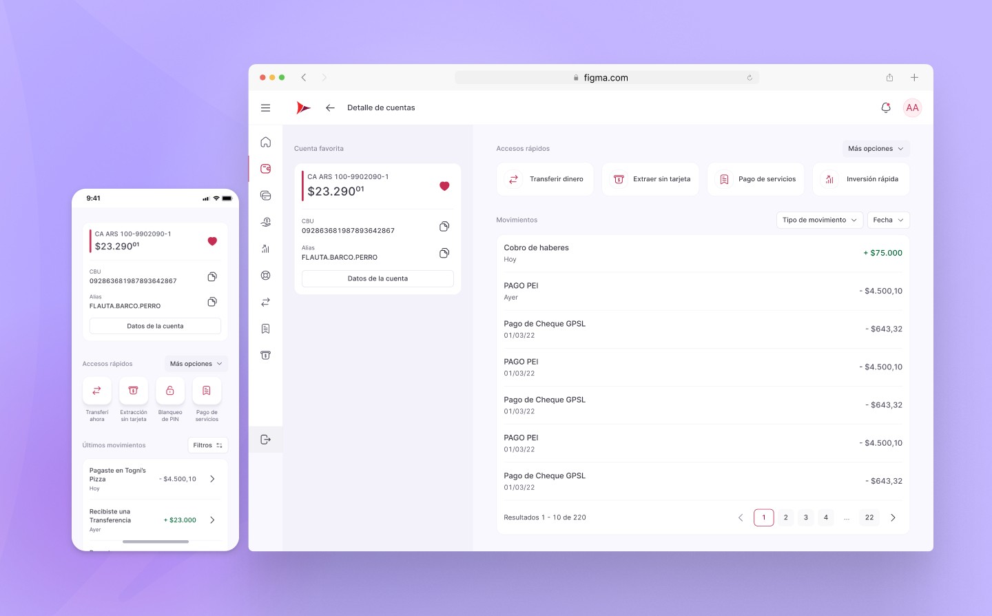 Supervielle accounts on mobile and desktop, with balance, CBU, alias, and recent movements.
