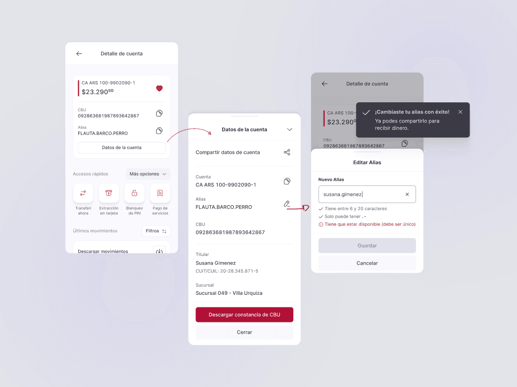 Account details, share data, and edit-alias screens connected in one flow.